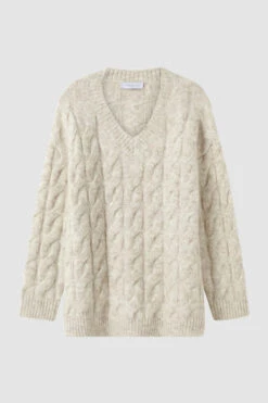 FRIEND OF AUDREY - Kara Cable Knit Melange V-Neck (Creme Brulee) -Faithfull The Brand || Carver™ || One Teaspoon Shop elysian collective friend of audrey kara cable knit melange v neck knit creme brulee 5