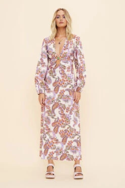 SUBOO - Sienna Long Sleeve Keyhole Front Maxi Dress (White Paisley)