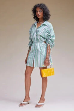 SUBOO - Tali Gathered Sleeve Shirt Dress (Green Stripe) FINAL SALE