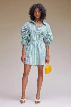 SUBOO - Tali Gathered Sleeve Shirt Dress (Green Stripe) FINAL SALE -Faithfull The Brand || Carver™ || One Teaspoon Shop elysian collective suboo tali gathered sleeve shirt dress green stripe 3